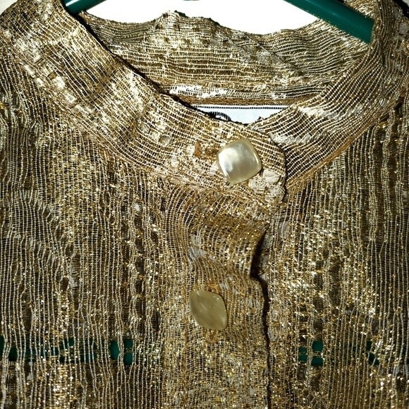 Vintage Gold Metallic & Nylon Deco Button Front Mandarin Collar Semi Sheer Top - Picture 3 of 8